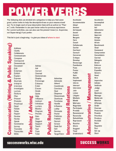 An image showing the first page of the "Power Verbs" PDF. Clicking on the image or the link below opens the PDF.
